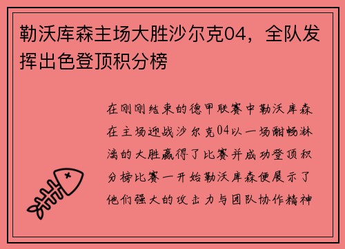 勒沃库森主场大胜沙尔克04，全队发挥出色登顶积分榜